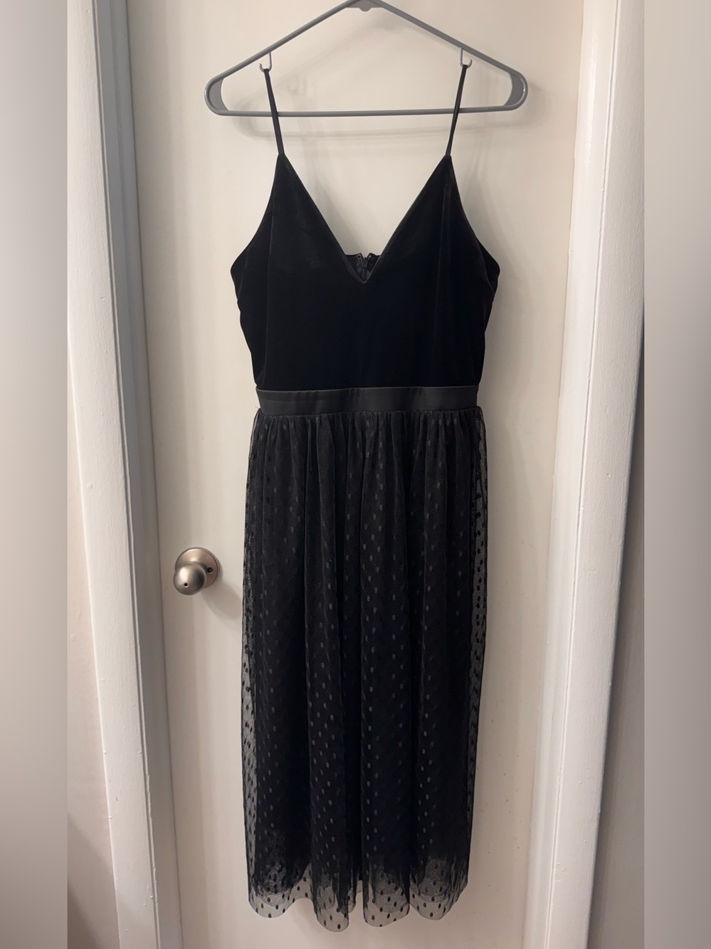 Express Black Midi Spaghetti Strap Velvet & Swiss Dot Dress